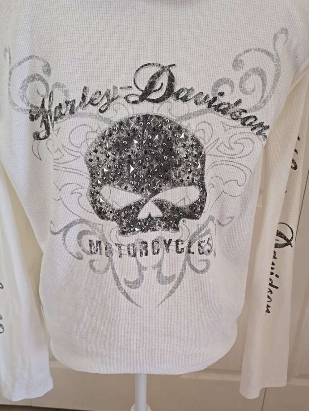 Womens XL Harley DavidsonWhite Lace-Up Hooded Long Sleeve Top with Script Detail - Picture 4 of 10